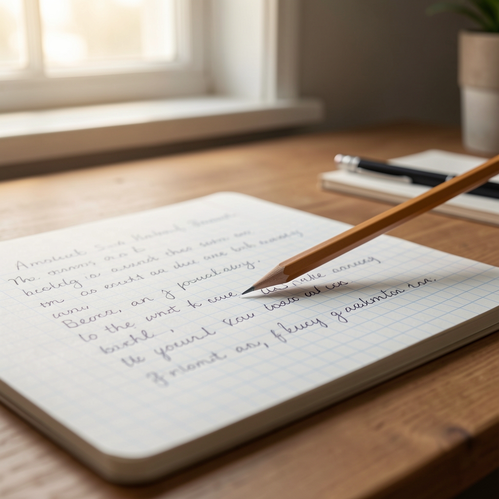 Close-up of handwritten field notes on graph paper with a pencil, in a quiet workspace with morning light