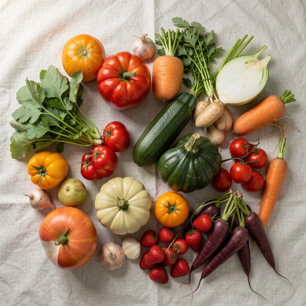 Colourful seasonal produce arranged on a pale linen cloth in soft diffused daylight, top-down editorial composition