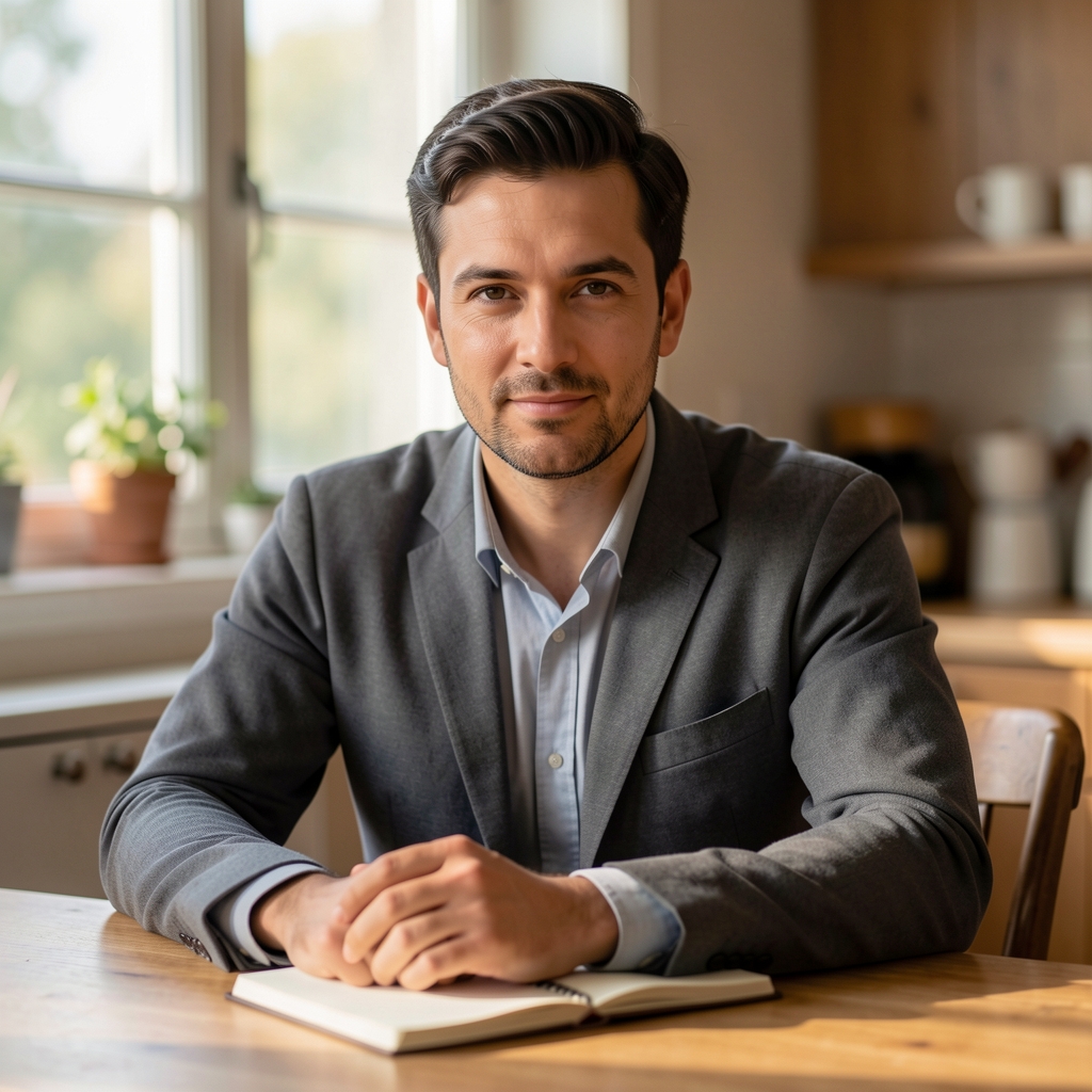 Editorial portrait of a male writer at a kitchen table with a notebook, in considered morning light through a window
